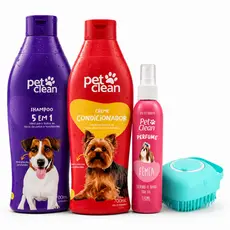 Kit Shampoo 5x1+condicionador+perfume+escova Banho Cães Gato Pet Clean