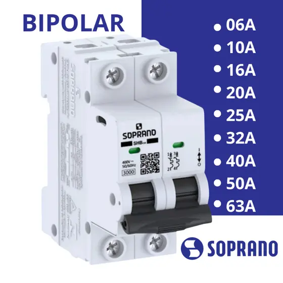 Disjuntor Bipolar 2 Polos 6A 10A 16A 20A 25A 32A 40A 50A 63A 70A 80A 90A SOPRANO