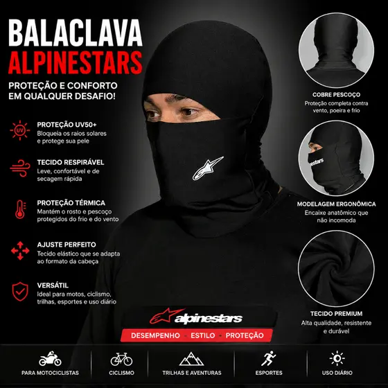 Touca Ninja Balaclava alpinestars Toca UV+50 Proteção Solar Térmica Motoqueiro Motoboy touca preta
