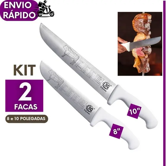Faca Profissional de 10" ou 8" Inox Cozinha Carne Churrasco Chef Cabo Branco