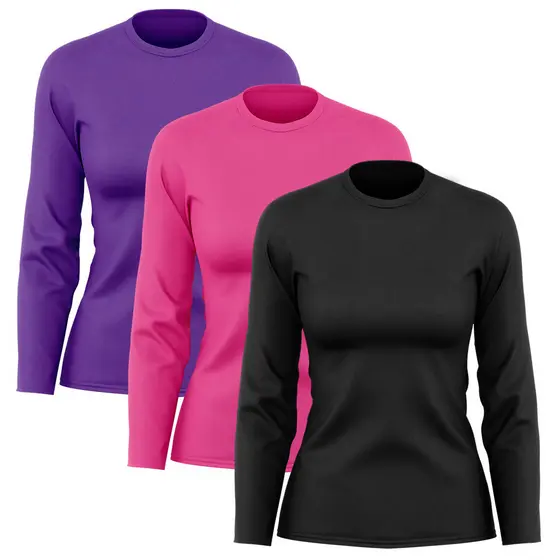 Kit 3 Camisetas Feminina Manga Longa Dry Proteção Solar UV Segunda Pele Treino Caminhada Ciclismo