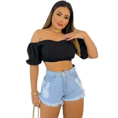Short Jeans Feminino Cintura Alta Destroyed Desfiado Blogueira,Soberano stores