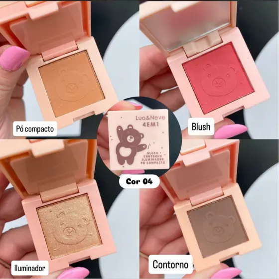 Mini Paleta De Bolsa 4 em 1 | Pó + Blush + Contorno + Iluminador Com Espelho | Lua e Neve