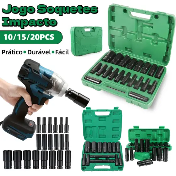 Jogo de Soquetes de Impacto Longo 1/2 10 Peças 8 A 32mm 10/15/20 Pcs