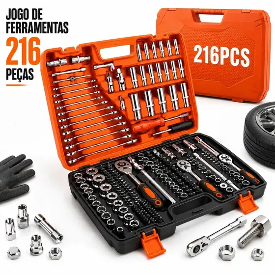 Kit de Ferramentas 37-216 Peças profissional jogo chave combinada soquetes e catraca grande
