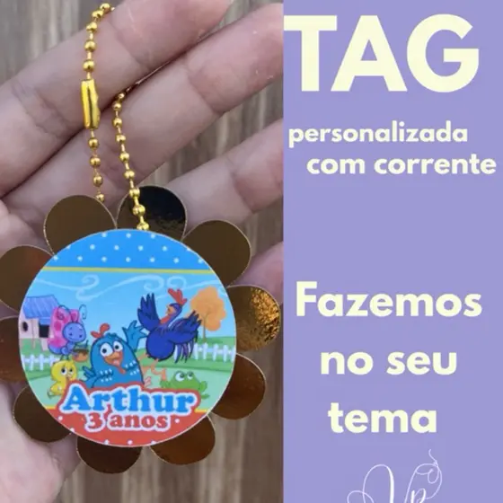 TAG GALINHA PINTADINHA APLIQUE com efeito 3d e correntinha