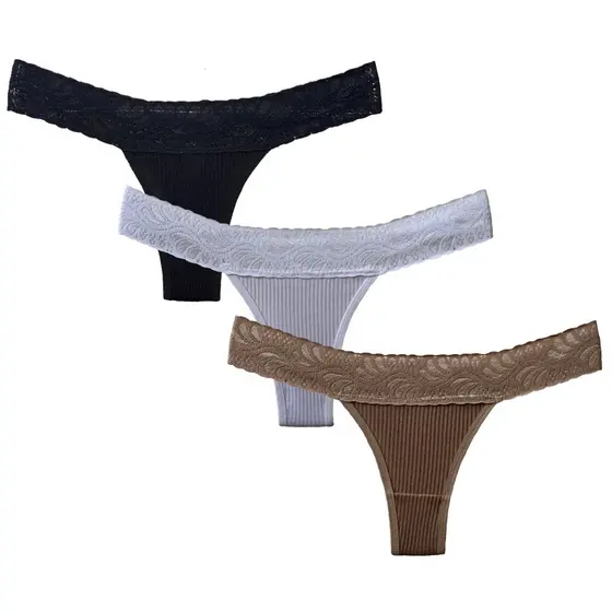 Kit 3 Calcinhas Tanga Canelada Fio Dental Lateral Renda