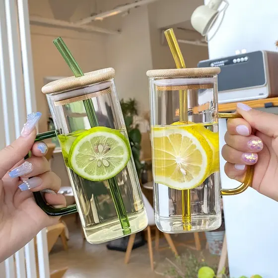 Copo Caneca De Vidro Com Canudo E Tampa De Madeira 400Ml Várias Cores Para Bebidas Cozinha