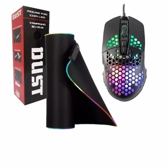Kit Gamer Dust: Mouse Jogo Preto Com Fio RGB E Mousepad Led RGB Usb PC Notebook K19240