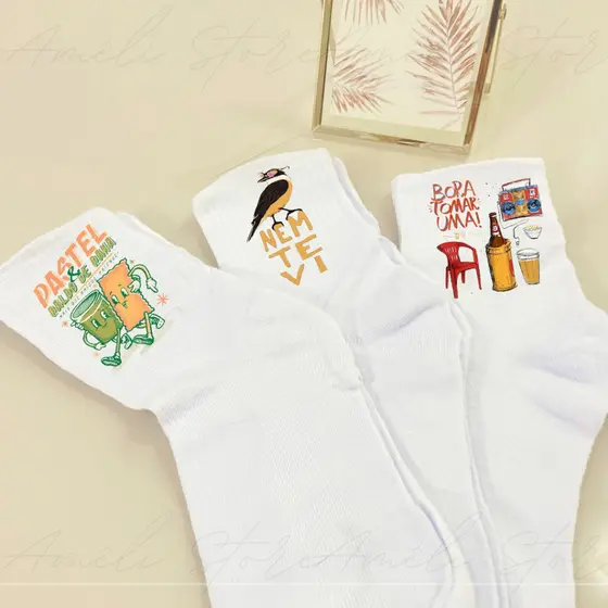 Meia Personalizada Kit 03un de Meias Cano Alto Cor Branca Adulto Unissex