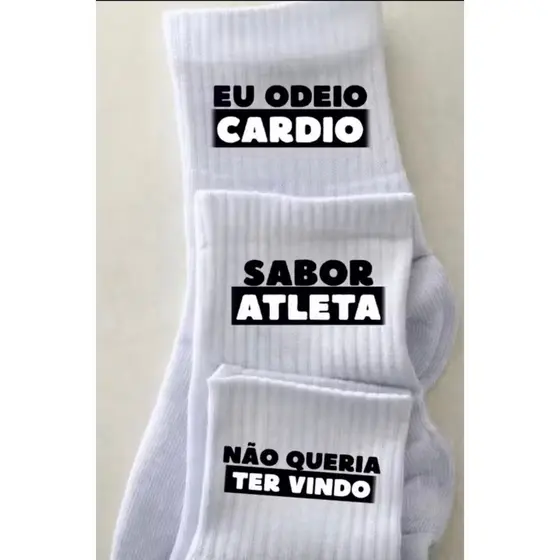 Kit Meia Frase Divertida Fitness 03 Pares de Meias Cano Alto Branca de Algodão Corrida Crossfit Academia