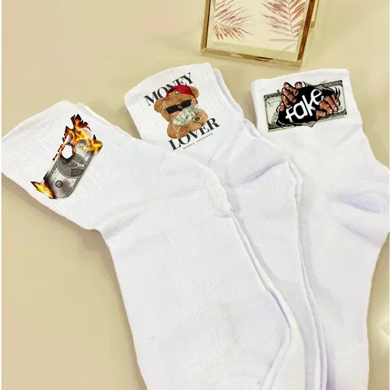 Meia Personalizada Kit 03 Pares de Meias Brancas Ursinho Streetwear | Cano Alto | Algodão Premium