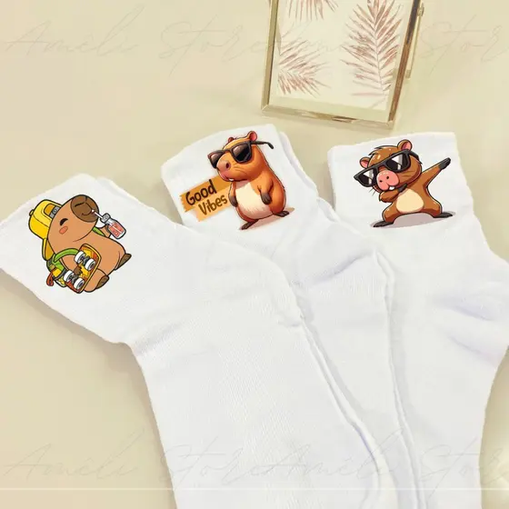 Meia Capivara Skate Personalizada Kit 03 Pares de Meias Brancas Cano Alto