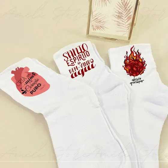 Meia Cristã Frase Coração Puro Kit 03Pares de Meias Personalizadas Branca Cano Alto de Algodão