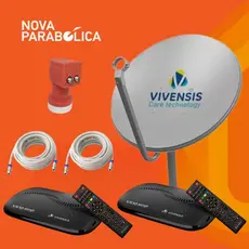 KIT Nova Antena Parabólica Digital + 2 Receptor Full HD VX10 Vivensis + LNBF Duplo + Cabos 2 TV