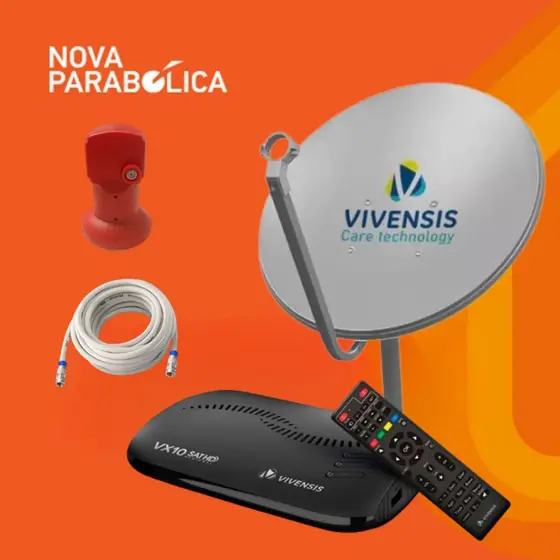 KIT Nova Antena Parabólica Digital Via Satelite + Receptor Full HD VX10 Vivensis + LNBF + Cabo