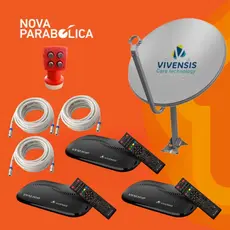 KIT Nova Antena Parabólica Digital + 3 Receptor HD VX10 Vivensis + LNBF Quádruplo + Cabos 3 TV