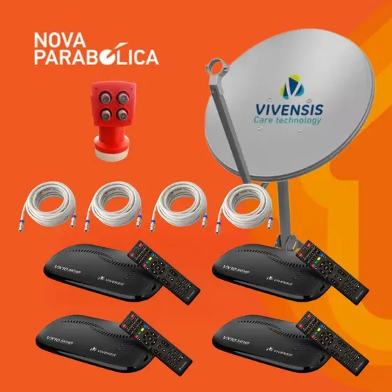 KIT Nova Antena Parabólica Digital + 4 Receptor HD VX10 Vivensis + LNBF Quádruplo + Cabos 4 TV