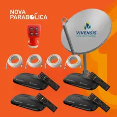KIT Nova Antena Parabólica Digital + 4 Receptor HD VX10 Vivensis + LNBF Quádruplo + Cabos 4 TV