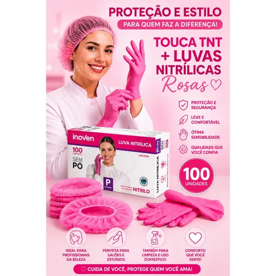 KIT  LUVA NITRÍLICA ROSA + TOUCA ROSA PREMIUM QUALIDADE PROTEÇÃO CONFORTO RESISTÊNCIA