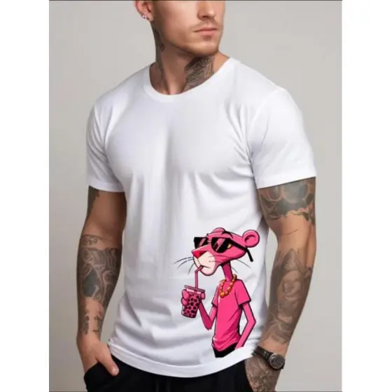 Camiseta blusa masculina feminina t-shirt 100% algodao pantera cor de rosa malha Premium