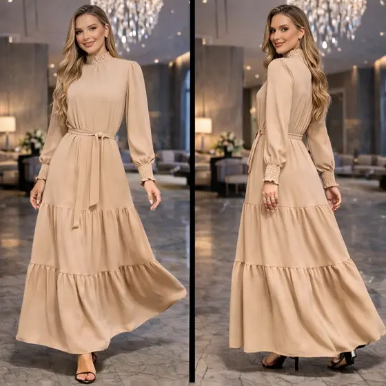 Vestido Feminino Manga Longa Gola Alta Tecido Duna Moda Evangélica e Cristã Para Inverno e Frio