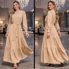 Vestido Feminino Manga Longa Gola Alta Tecido Duna Moda Evangélica e Cristã Para Inverno e Frio