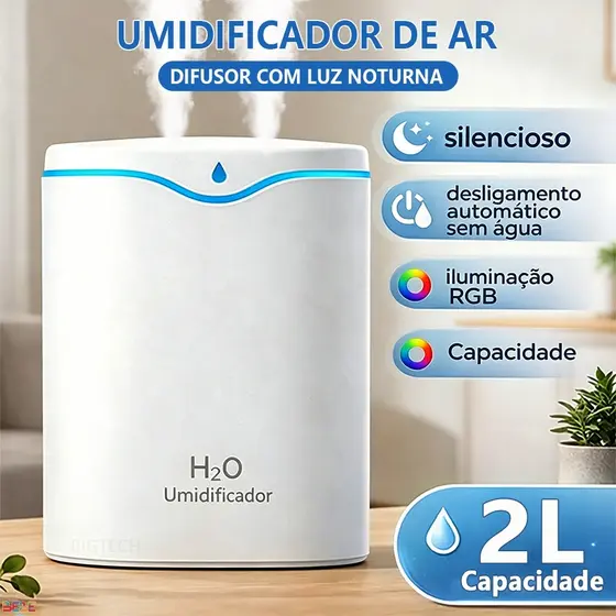 Umidificador Purificador De Ar Portátil 2 Litros Humidificador Difusor Grande Ambiente Elétrico Aromatherapy