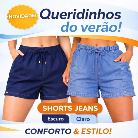 Bermuda jeans feminina, Short feminino, Short jeans jeans feminino com elástico na cintura.