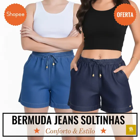 Short feminino jeans soltinho, Bermuda feminina curta e básica para o verão com elástico na cintura