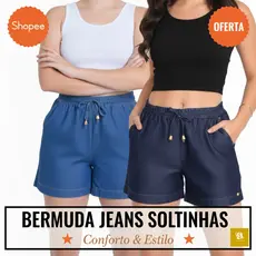 Short feminino jeans soltinho, Bermuda feminina curta e básica para o verão com elástico na cintura