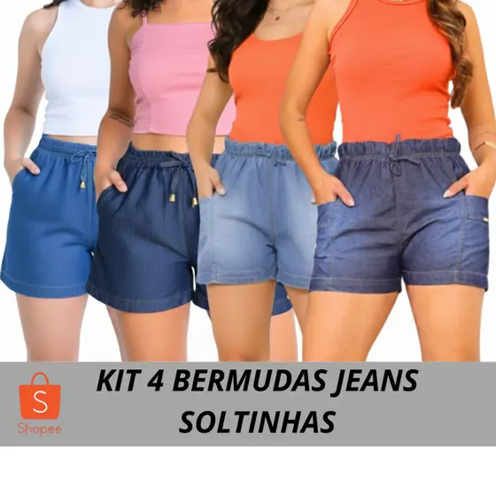 Short jeans soltinho, Kit com 4 peças, Bermudas feminina com elástico com cintura alta casual