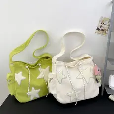 Bolsa Feminina de Ombro Estrela | Design Nicho | Veludo Sólido | Grande Capacidade | Tote para Estudante e Viagem | Cros