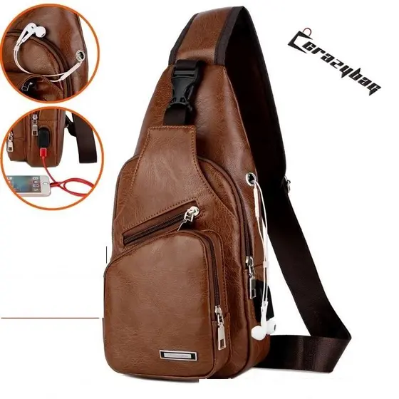 Bolsa Crazy casual De Couro Para Homens Com Porta USB Orelha Fone