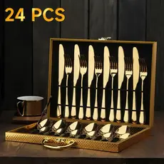 Kit Faqueiro Talheres Com Maleta 24 Peças Em Inox C/ Dourado