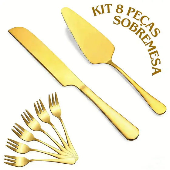 Kit 8 Talheres Aço Inoxidável Conjunto de Sobremesa 8 Peças Douradas Espátula Garfos Faca