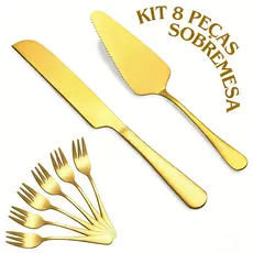 Kit 8 Talheres Aço Inoxidável Conjunto de Sobremesa 8 Peças Douradas Espátula Garfos Faca