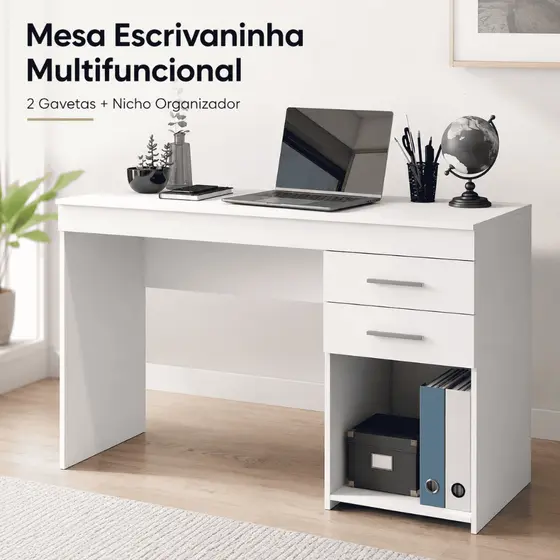 Mesa Escrivaninha para Computador com 2 Gavetas e 1 Nicho Home Office Quarto Branca