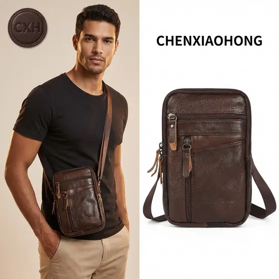 Bolsa de cintura masculina em couro genuíno, bolsa para celular, cinto, bolsa de ombro para esportes ao ar livre,