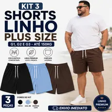 Kit 3 Shorts Linho Plus Size Mauricinho G1 G2 e G3 Premium elástico cintura casual 2 bolsos laterais envio imediato