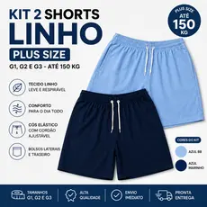 Kit 2 Shorts de Linho Plus Size Premium G1,G2,G3 Mauricinho Confort elástico cintura casual 2 bolsos laterais e traseiro
