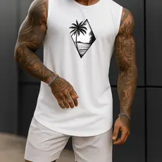 Regata Masculina Academia Algodão Cenario Coqueira 100% Estampada Premium Treino Fitness Casual Streetwear Verão