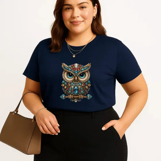 Camiseta Plus Size Premium  Feminina Estampada Do P Ao G5 Coruja Pedras Academia Treino 100% Algodão Verão