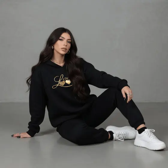 Conjunto Feminino de Moletom Canguru Calça Kit Estampada Love 3 Coração 100% Algodão Blusa De Frio Capuz Cadarço Bolso