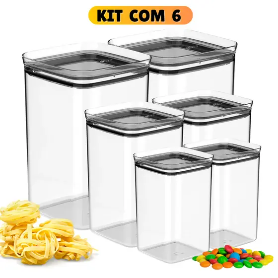 Kit Pote Hermético Quadrado Para Alimentos Dispensa Acrílico Resistente Conjunto