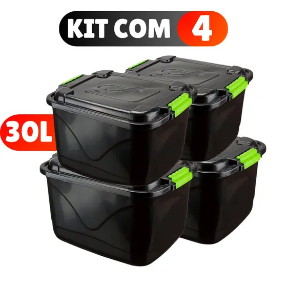 Kit 4 Caixas Organizadora 30 Litros Grande C/Tampa e Trava Cesto para Brinquedos e Multiuso