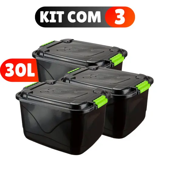 Kit 3 Caixas Organizadora 30 Litros Grande C/Tampa e Trava Cesto para Brinquedos e Multiuso