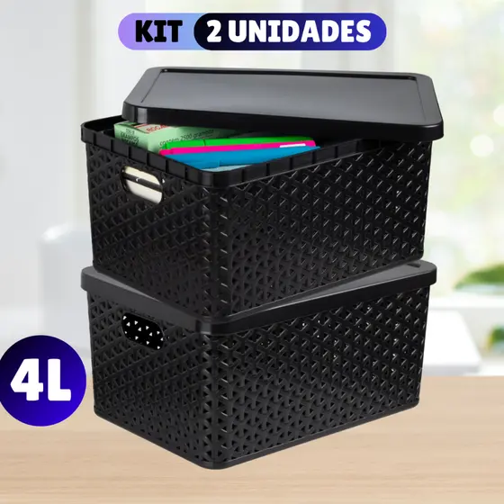Kit Com 2 Cesto Caixa Organizadora Rattan Com Tampa 4 Litros Preto