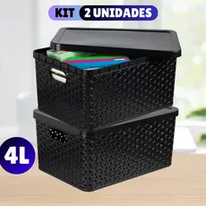Kit Com 2 Cesto Caixa Organizadora Rattan Com Tampa 4 Litros Preto