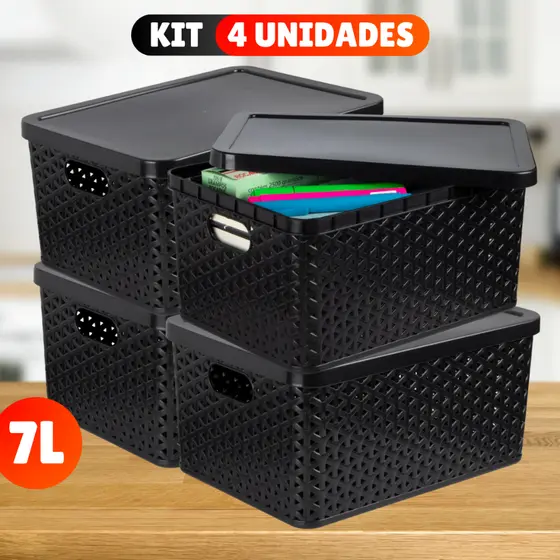 Kit Com 4 Cesto Caixa Organizadora Rattan Com Tampa 7 Litros Preto